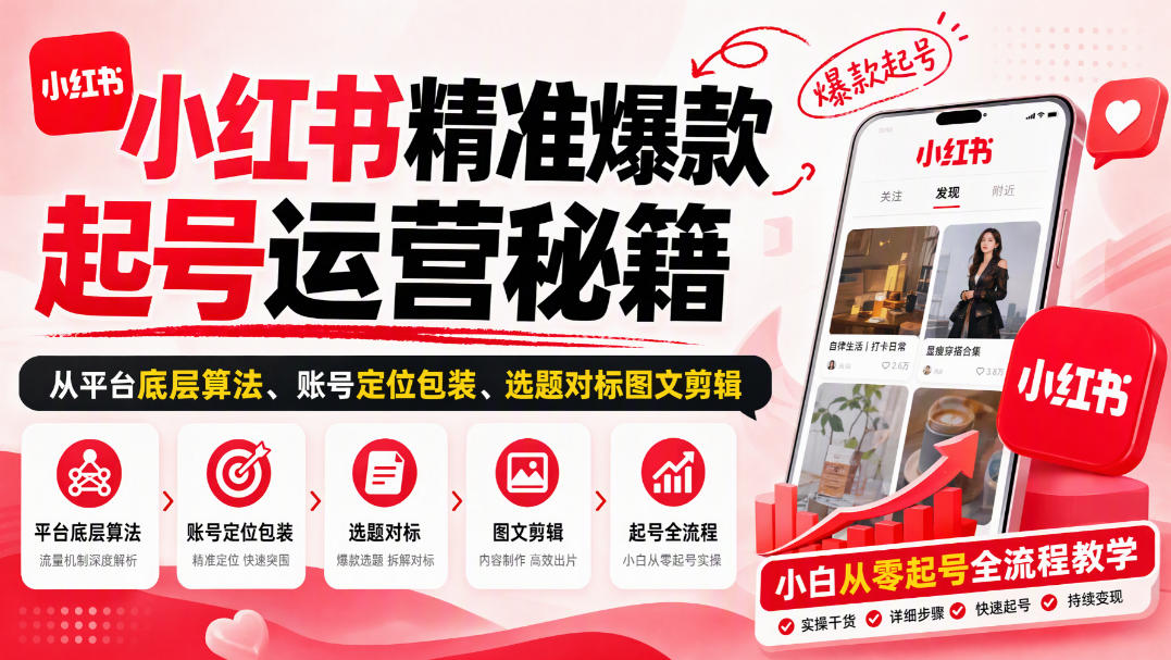 小红书精准爆款起号运营秘籍，从平台底层算法、账号定位包装、选题对标图文剪辑，小白从零起号全流程-副业网创