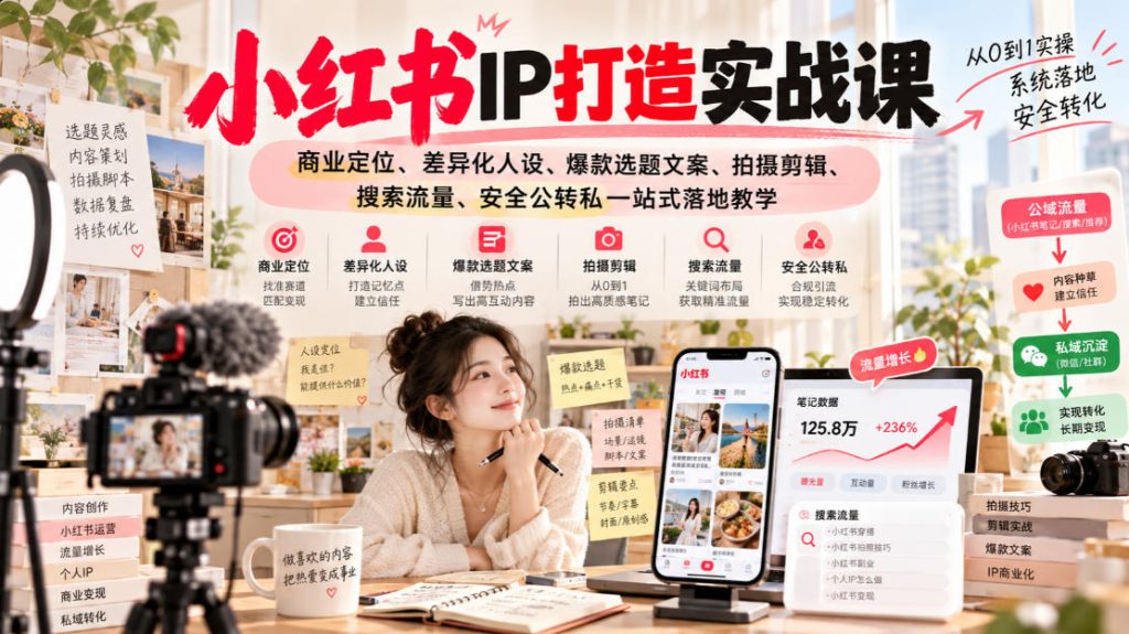 小红书ip打造实战课，商业定位、差异化人设、爆款选题文案、拍摄剪辑、搜索流量、安全公转私一站式落地教学-副业网创