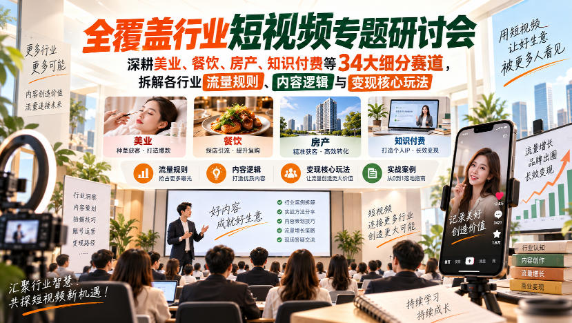 短视频专题研讨会，深耕美业、餐饮、房产、知识付费等34大细分赛道，拆解各行业流量规则、内容逻辑与变现核心玩法-副业网创