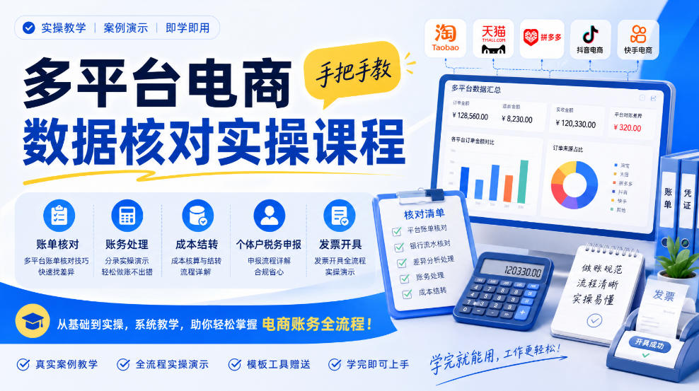 多平台电商数据核对实操课程，手把手教账单核对、账务处理、成本结转、个体户税务申报与发票开具-副业网创
