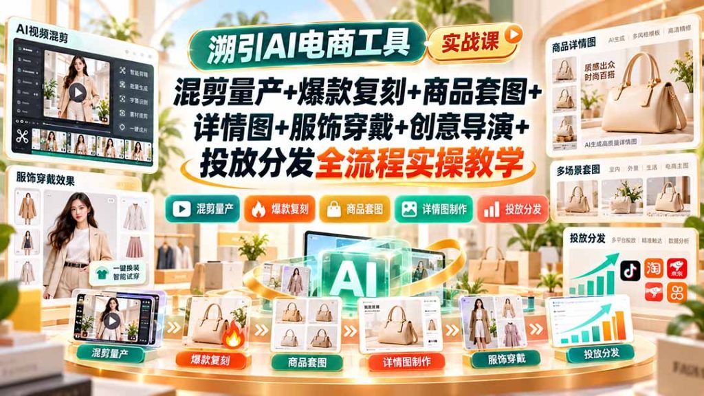 溯引AI电商工具实战课:混剪量产+爆款复刻+商品套图+详情图+服饰穿戴+创意导演+投放分发全流程实操教学-副业网创