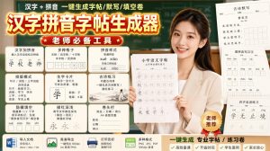 学习神器，汉字拼音字帖生成器，汉字+拼音 一键生成字帖/默写/填空卷，支持词组、成语，老师、家长必备-副业网创