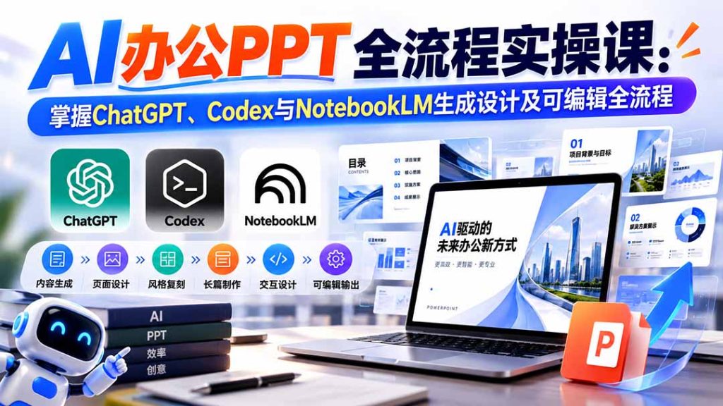 【无水印】AI办公PPT全流程实操课： 掌握ChatGPT、Codex与NotebookLM生成设计及可编辑全流程-副业网创