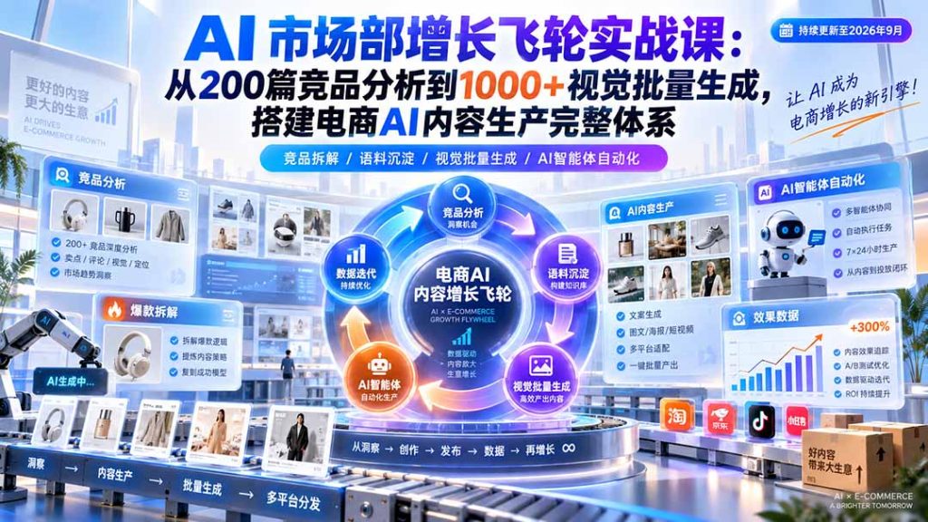 AI 市场部增长飞轮实战课：从200篇竞品分析到1000+视觉批量生成，搭建电商AI内容生产完整体系-副业网创