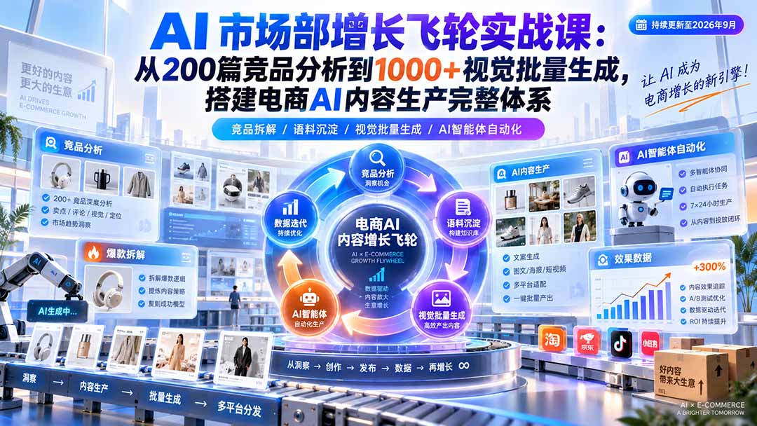 AI 市场部增长飞轮实战课:从200篇竞品分析到1000+视觉批量生成,搭建电商AI内容生产完整体系-副业网创