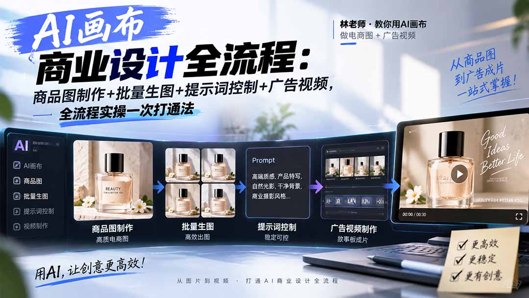 AI画布商业设计全流程：商品图制作+批量生图+提示词控制+广告视频，全流程实操一次打通法-副业网创