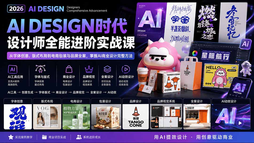 2026AI DESIGN时代设计师全能进阶实战课：从字体创意、版式布局到电商包装与品牌全案，掌握AI商业设计完整方法-副业网创