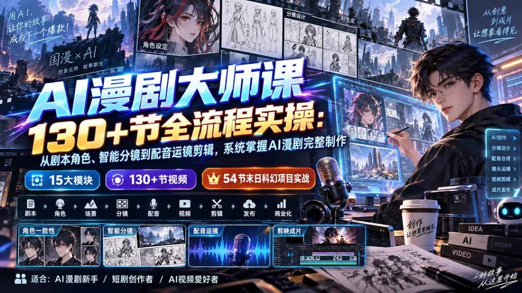 AI漫剧大师课130+节全流程实操：从剧本角色、智能分镜到配音运镜剪辑，系统掌握AI漫剧完整制作-副业网创
