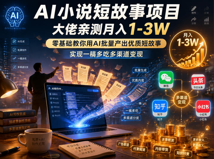 AI小说短故事项目，大佬亲测月入1-3W，零基础教你用AI批量产出优质短故事，实现一稿多吃多渠道变现(更新0910)-副业网创