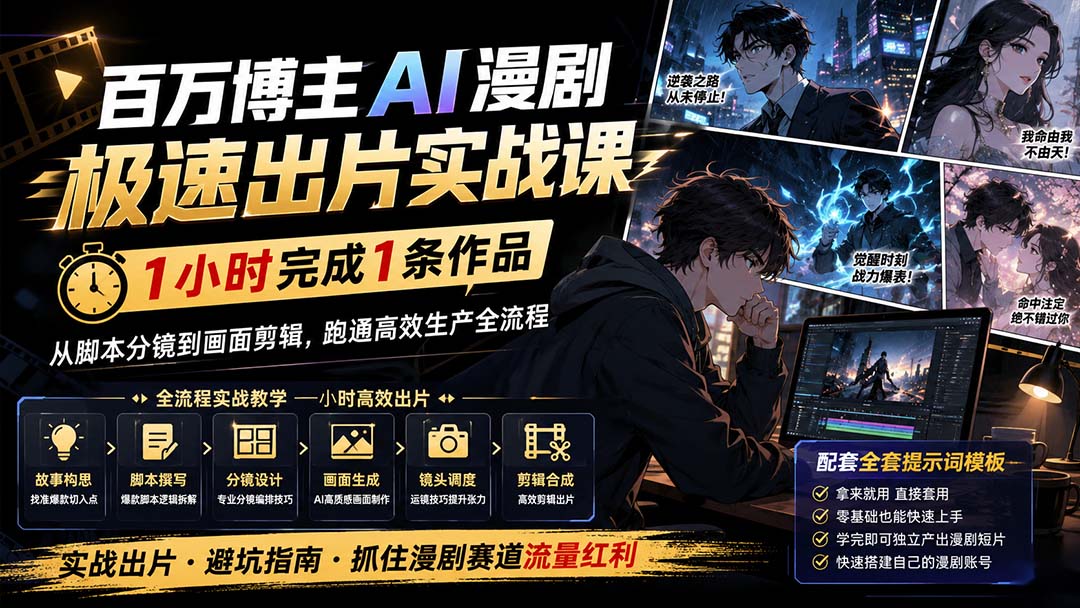 百万博主AI漫剧极速出片实战课：1小时产出条作品，从脚本分镜到画面剪辑，跑通高效生产全流程-副业网创