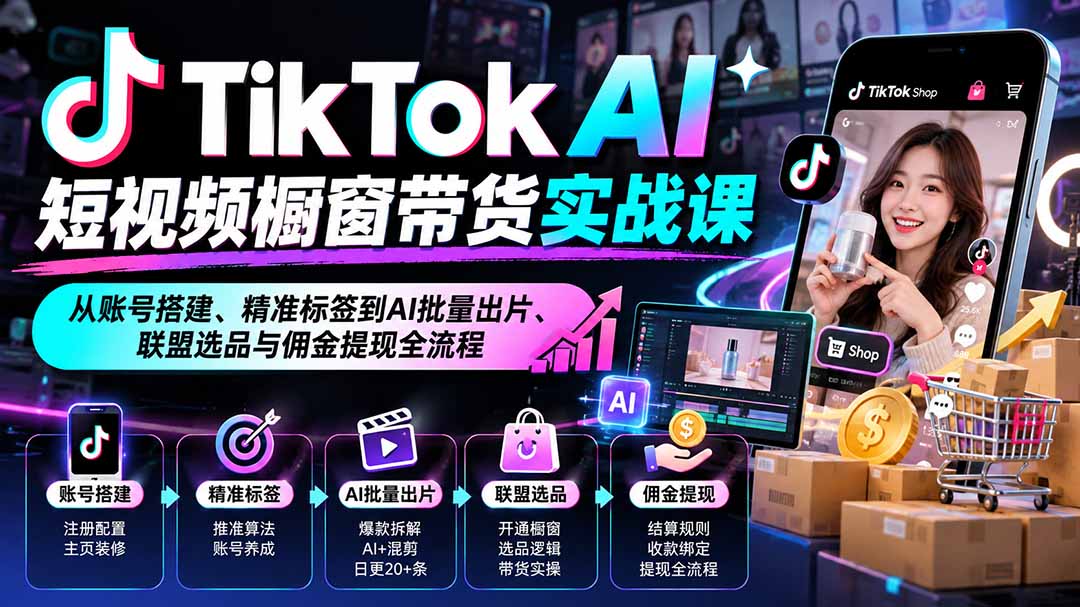 TikTok AI短视频橱窗带货实战课：从账号搭建、精准标签到AI批量出片、联盟选品与佣金提现全流程-副业网创