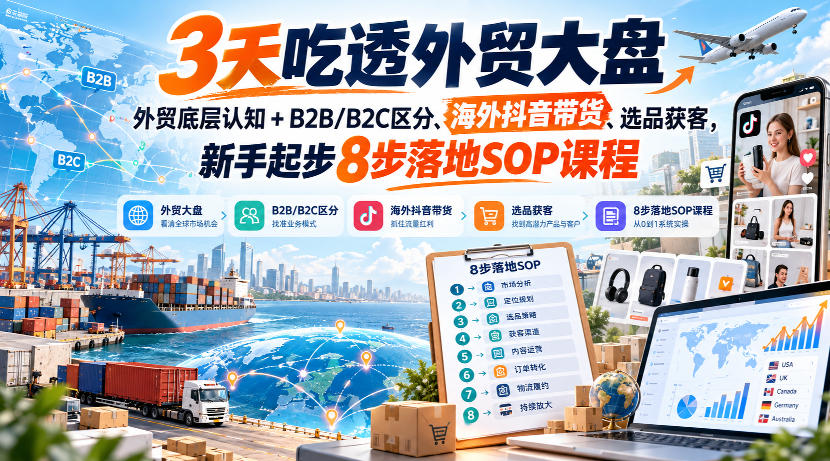 3天吃透外贸大盘，外贸底层认知+B2B/B2C区分、海外抖音带货、选品获客，新手起步8步落地SOP课程-副业网创