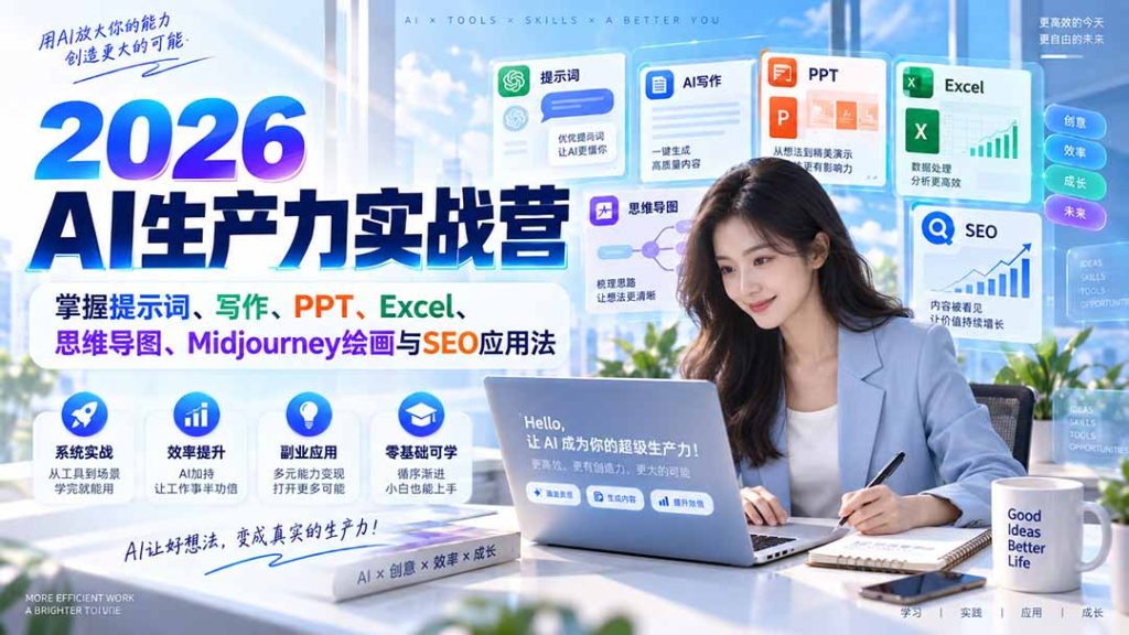 2026AI生产力实战营：掌握提示词、写作、PPT、Excel、思维导图、Midjourney绘画与SEO应用法-副业网创