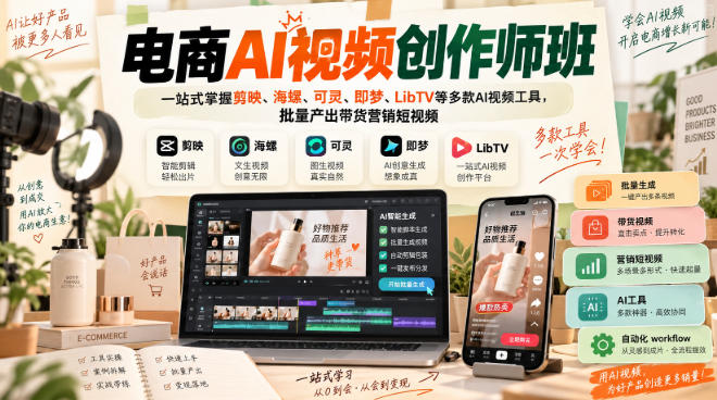 电商AI视频创作师班,一站式掌握剪映、海螺、可灵、即梦、LibTV等多款AI视频工具,批量产出带货营销短视频-副业网创