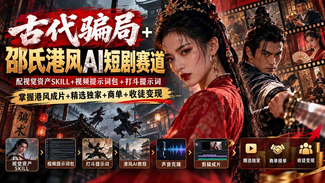 古代骗局+邵氏港风AI短剧赛道：配视觉资产SKILL+视频提示词包+打斗提示词，掌握港风成片+精选独家+商单+收徒变现-副业网创