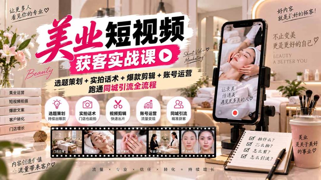 美业短视频获客实战课-无水印：选题策划+实拍话术+爆款剪辑+账号运营，跑通同城引流全流程-副业网创