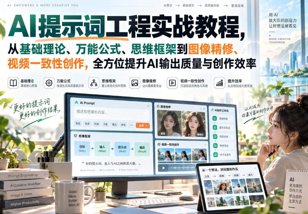 AI提示词工程实战教程，从基础理论、万能公式、思维框架到图像精修、视频一致性创作，全方位提升AI输出质量与创作效率-副业网创