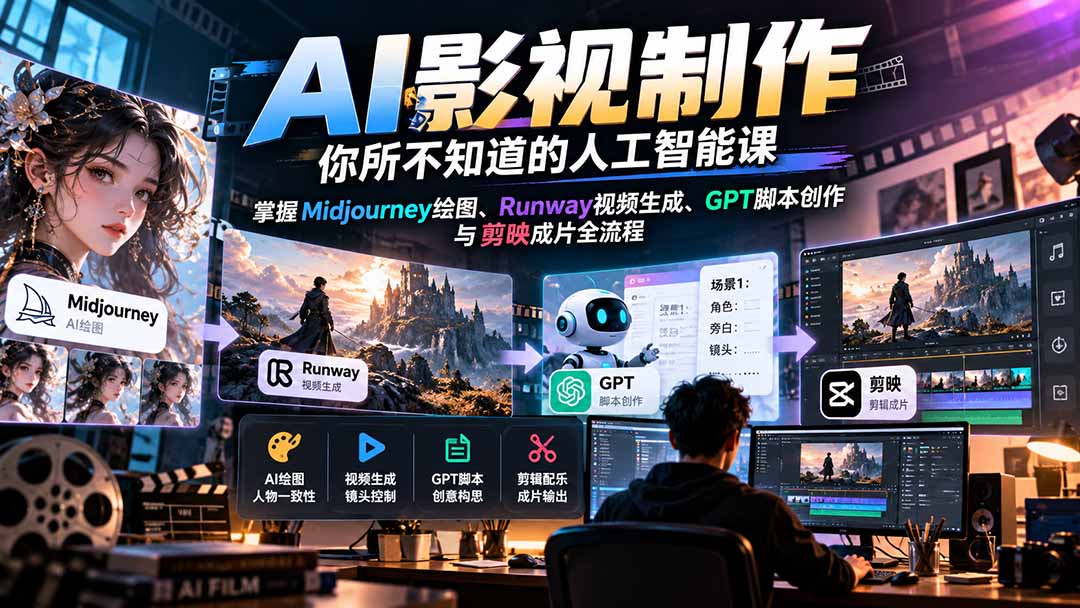 【无水印】AI影视制作-你所不知道的人工智能课，掌握Midjourney绘图、Runway视频生成、GPT脚本创作与剪映成片全流程-副业网创