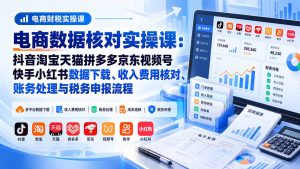 电商数据核账实操课：抖音淘宝天猫拼多多京东视频号快手小红书数据下载、收入费用核对、账务处理与税务申报流程-副业网创
