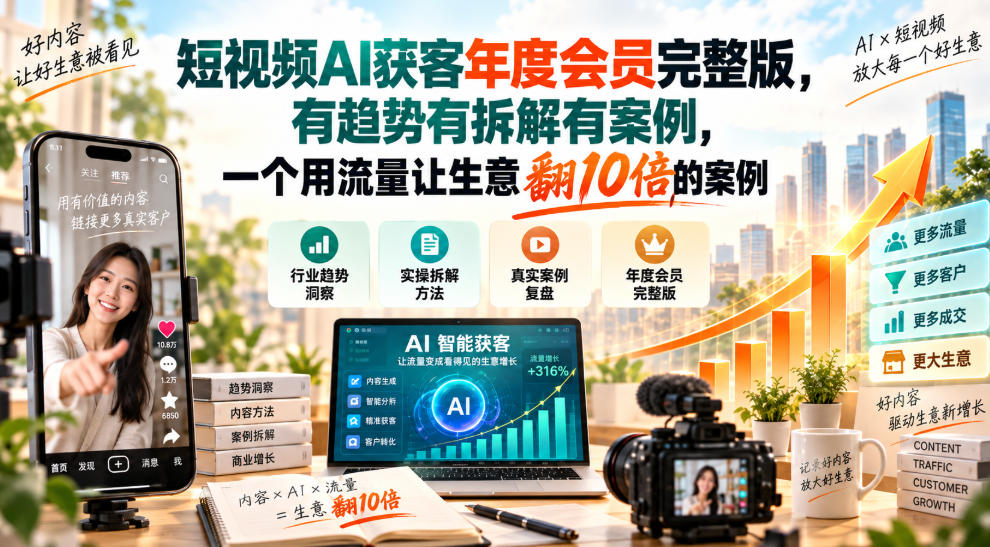 短视频AI获客年度会员完整版,有趋势有拆解有案例,一个用流量让生意翻10倍的案例-副业网创