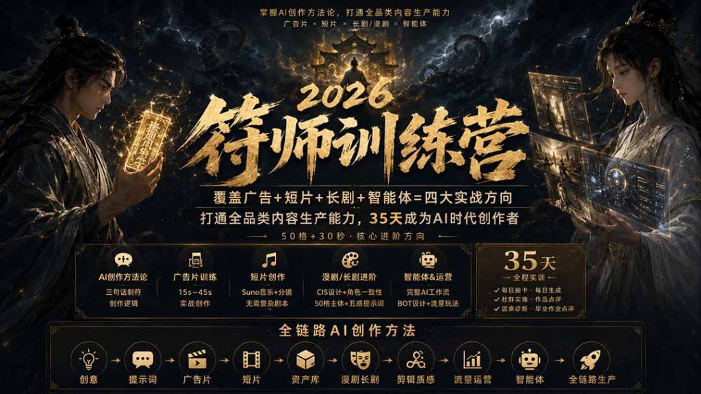 符师训练营-35天成为AI时代创作者，广告+短片+漫剧+智能体四大实战方向，掌握从创意到上线的完整工作流-副业网创