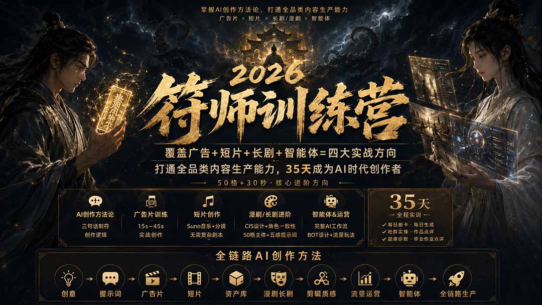 符师训练营-35天成为AI时代创作者，广告+短片+漫剧+智能体四大实战方向，掌握从创意到上线的完整工作流-副业网创