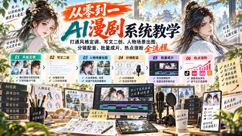 从零到一AI漫剧系统教学,打通风格定调、写文二创、人物场景出图、分镜配音、批量成片、热点涨粉全流程-副业网创