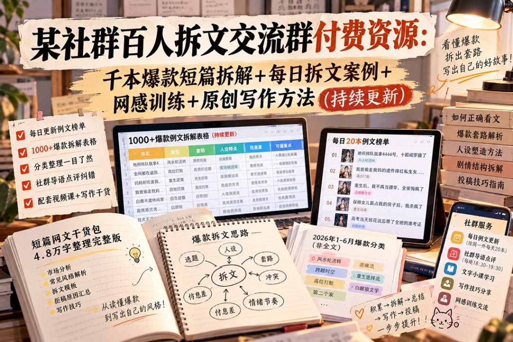 某社群百人拆文交流群付费资源-更新0929：千本爆款短篇拆解+每日拆文案例+网感训练+原创写作方法-副业网创