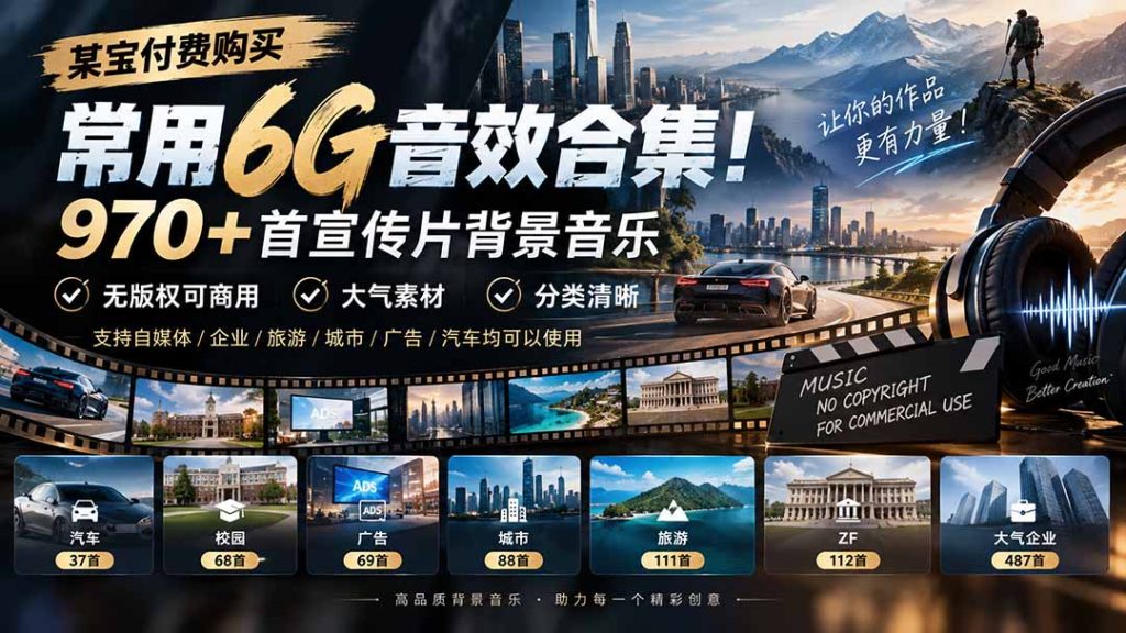 某宝付费购买,常用6G音效合集!970+首宣传片背景音乐,无版权可商用大气素材,分类清晰-副业网创