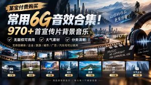 某宝付费购买，常用6G音效合集！970+首宣传片背景音乐，无版权可商用大气素材，分类清晰-副业网创