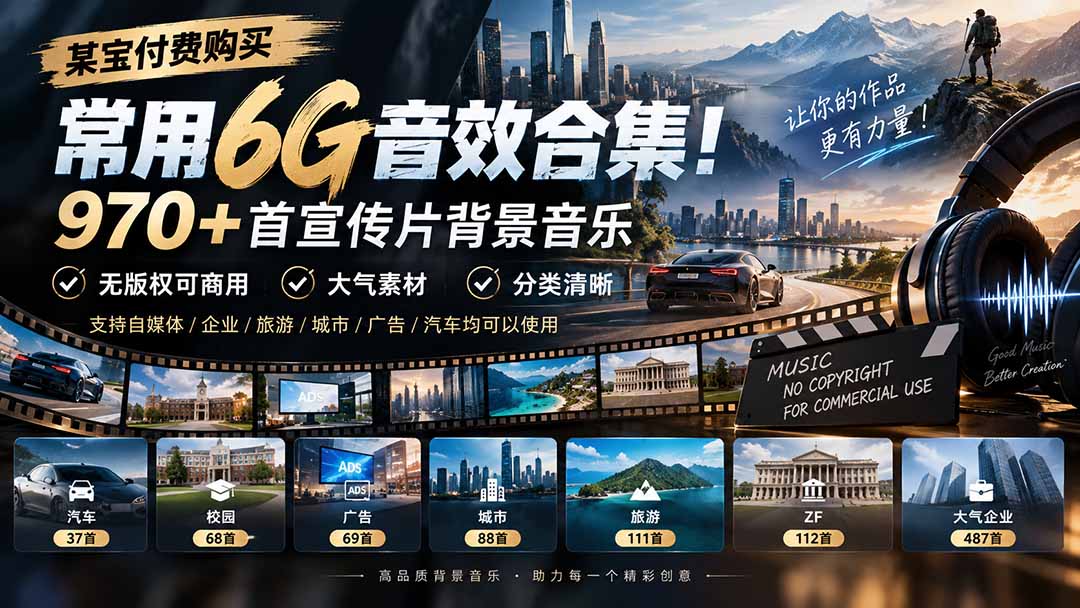某宝付费购买,常用6G音效合集!970+首宣传片背景音乐,无版权可商用大气素材,分类清晰-副业网创