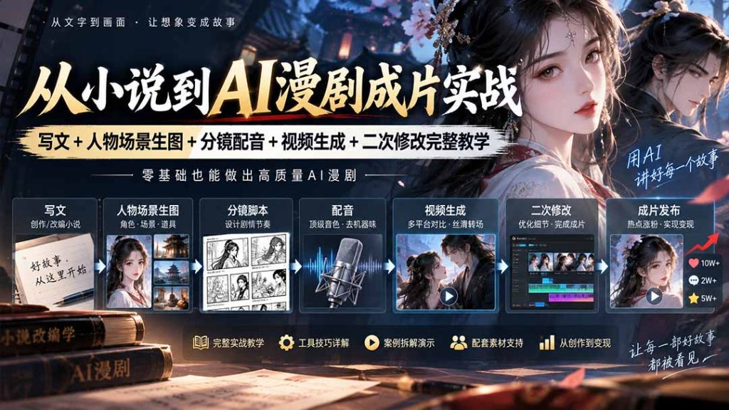 从小说到AI漫剧成片实战:写文+人物场景生图+分镜配音+视频生成+二次修改完整教学-副业网创