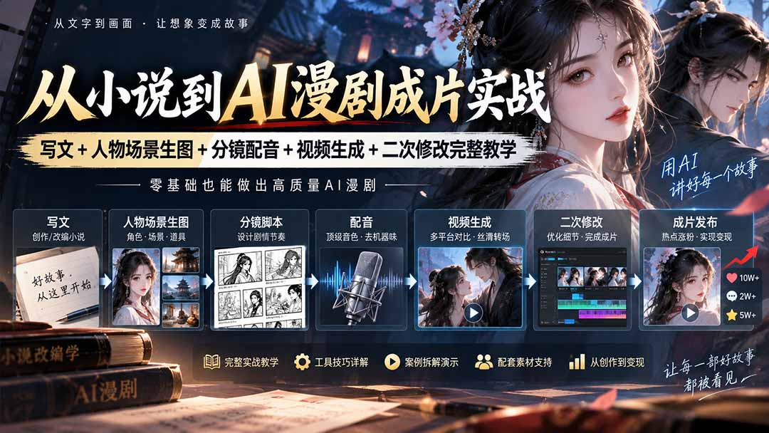 从小说到AI漫剧成片实战：写文+人物场景生图+分镜配音+视频生成+二次修改完整教学-副业网创