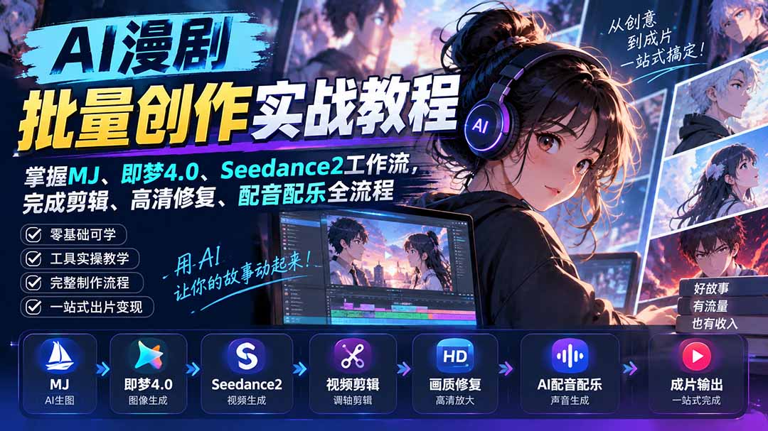 AI漫剧批量创作实战教程：掌握MJ、即梦4.0、Seedance2工作流，完成剪辑、高清修复、配音配乐全流程-副业网创