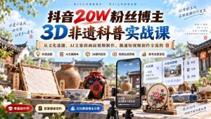 抖音20W粉丝博主3D非遗科普实战课：从文化选题、AI文案到画面视频制作，跑通短视频创作全流程-副业网创