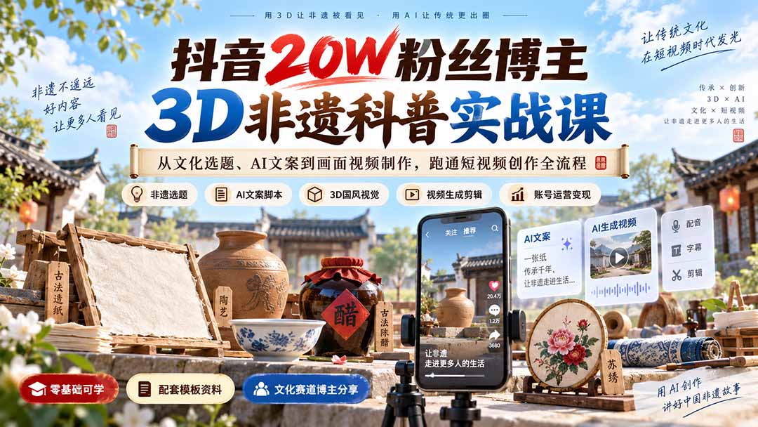 抖音20W粉丝博主3D非遗科普实战课：从文化选题、AI文案到画面视频制作，跑通短视频创作全流程-副业网创