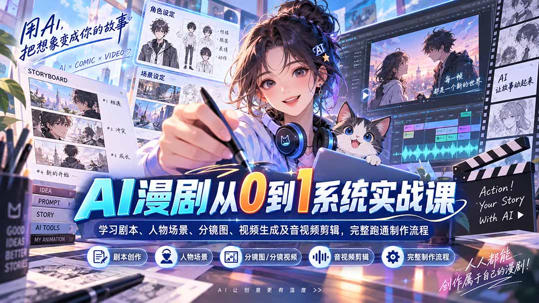 AI漫剧从0到1系统实战课:学习剧本、人物场景、分镜图、视频生成及音视频剪辑,完整跑通制作流程-副业网创