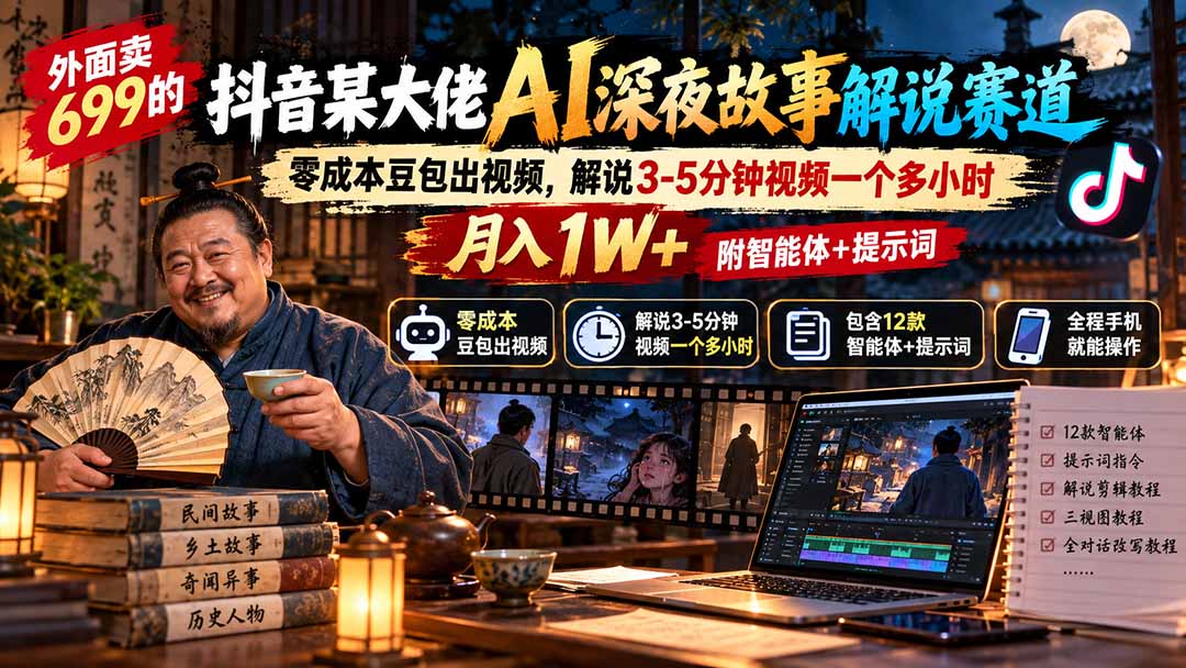 外面卖699的抖音某大佬AI深夜故事解说赛道:零成本豆包出视频,解说3-5分钟视频一个多小时,月入1W+附智能体+提示词-副业网创