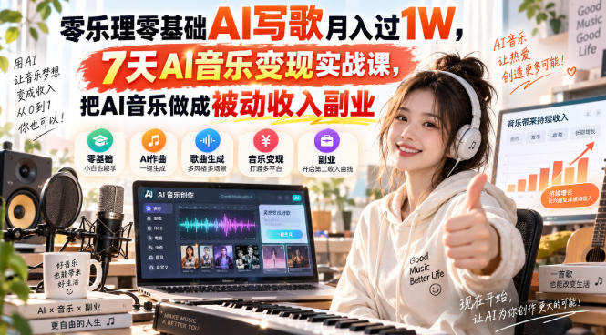 零乐理零基础AI写歌月入过1W，7天AI音乐变现实战课，把AI音乐做成被动收入副业-副业网创