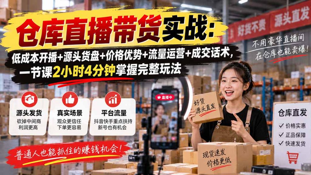 仓库直播带货实战：低成本开播+源头货盘+价格优势+流量运营+成交话术，一节课2小时4分钟掌握完整玩法-副业网创