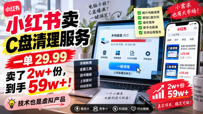 小红书卖C盘清理服务,一单29.99,卖了2w+份,技术也是虚拟产品-副业网创