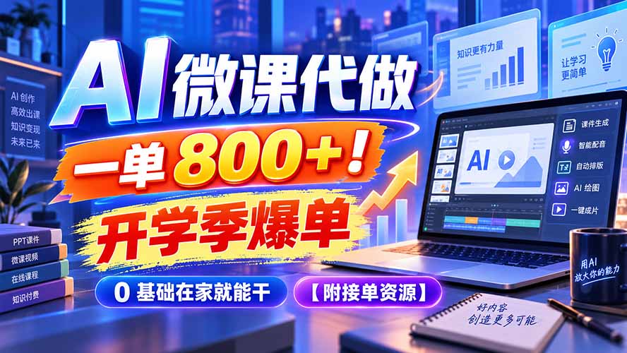 AI 微课代做,一单 800+!开学季爆单,0 基础在家就能干【附接单资源】-副业网创