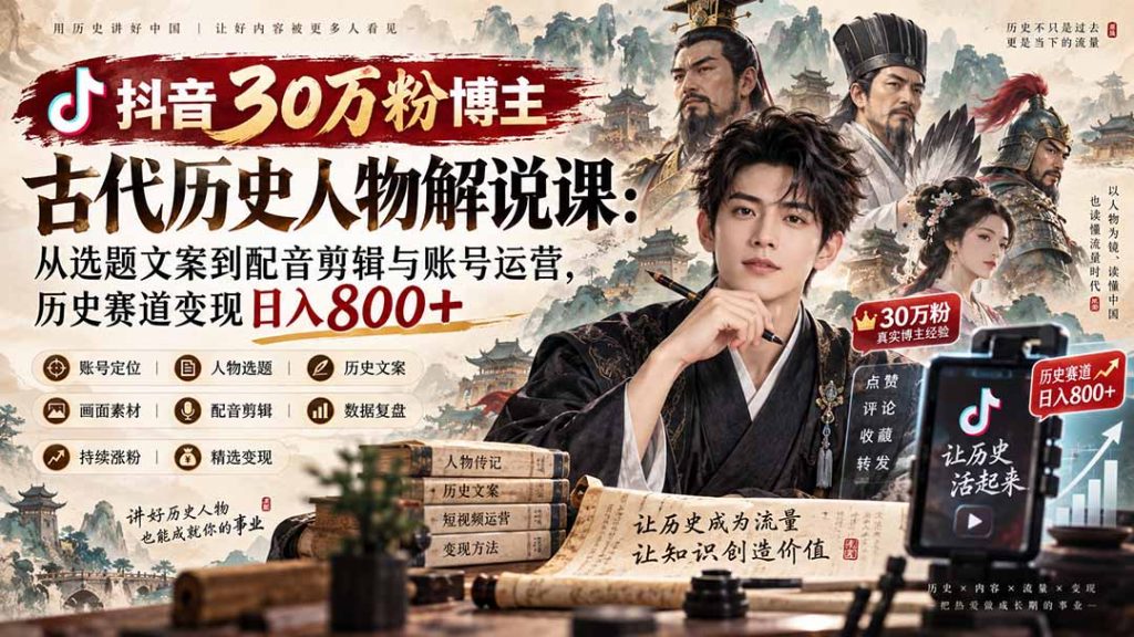 抖音30万粉博主古代历史人物解说课：从选题文案到配音剪辑与账号运营，历史赛道变现日入800+-副业网创
