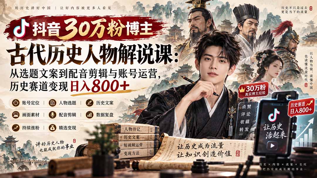 抖音30万粉博主古代历史人物解说课：从选题文案到配音剪辑与账号运营，历史赛道变现日入800+-副业网创