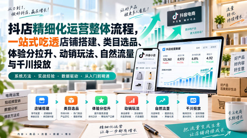 李哥电商-抖店精细化运营整体流程，一站式吃透店铺搭建、类目选品、体验分拉升、动销玩法、自然流量与千川投放-副业网创