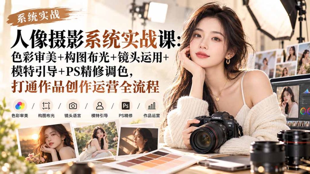 【无水印】人像摄影系统实战课：色彩审美+构图布光+镜头运用+模特引导+PS精修调色，打通作品创作运营全流程-副业网创