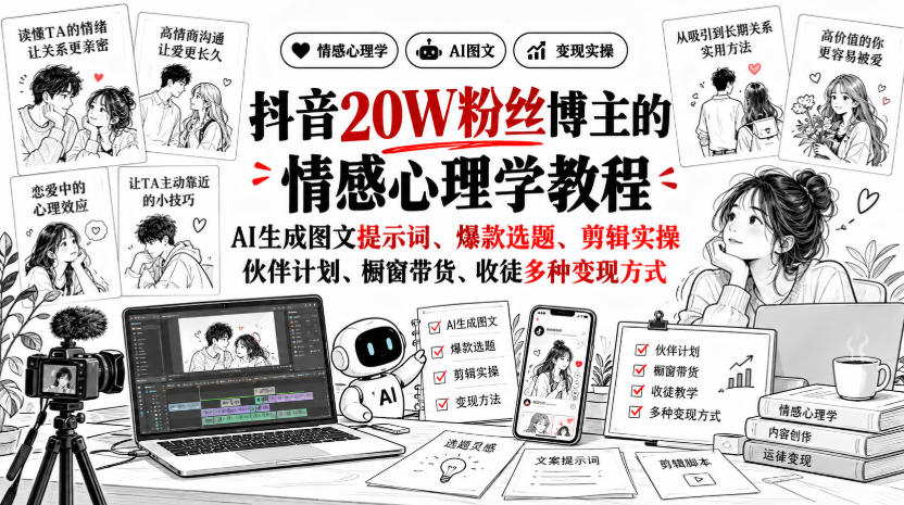 抖音20W粉丝博主静候心声的情感心理学教程，AI生成图文提示词、爆款选题、剪辑实操，伙伴计划、橱窗带货、收徒多种变现方式-副业网创
