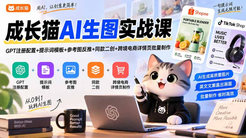成长猫AI生图实战课｜GPT注册配置+提示词模板+参考图反推+同款二创+跨境电商详情页批量制作-副业网创
