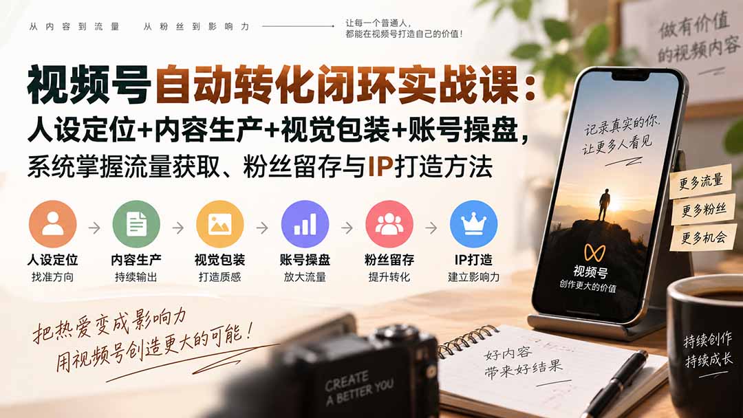 视频号自动转化闭环实战课：人设定位+内容生产+视觉包装+账号操盘，系统掌握流量获取、粉丝留存与IP打造方法-副业网创