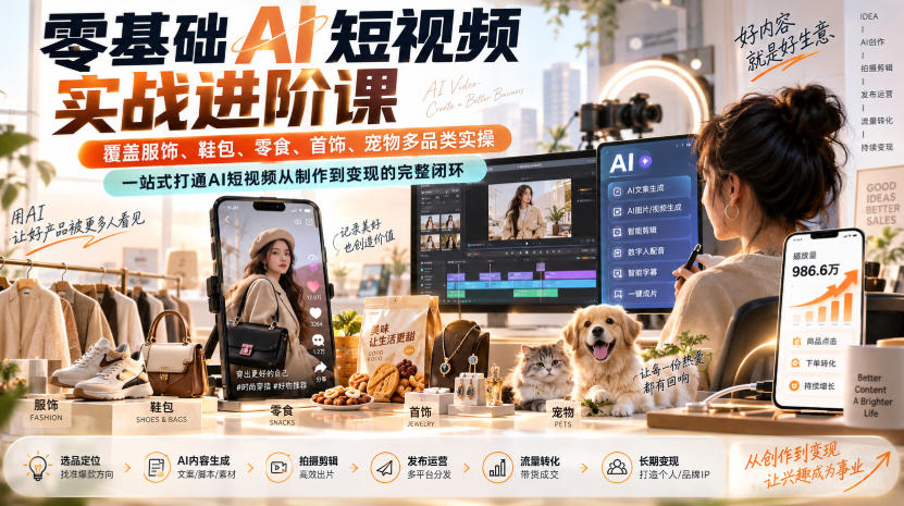 零基础AI短视频实战进阶课，覆盖服饰、鞋包、零食、首饰、宠物多品类实操，一站式打通AI短视频从制作到变现的完整闭环-副业网创